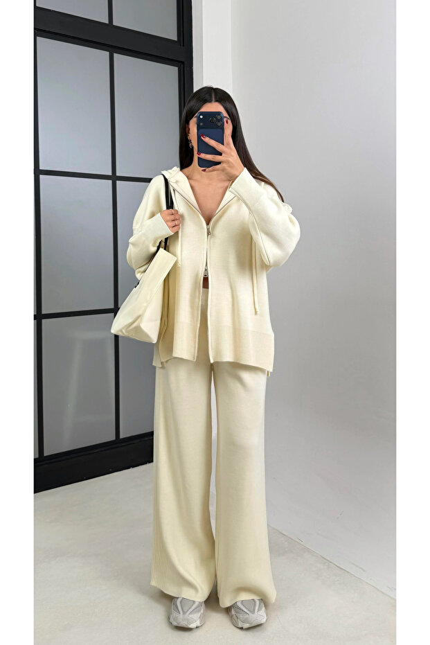 Cream Hooded Zippered 2-Piece Knitwear Set - 2Y0511