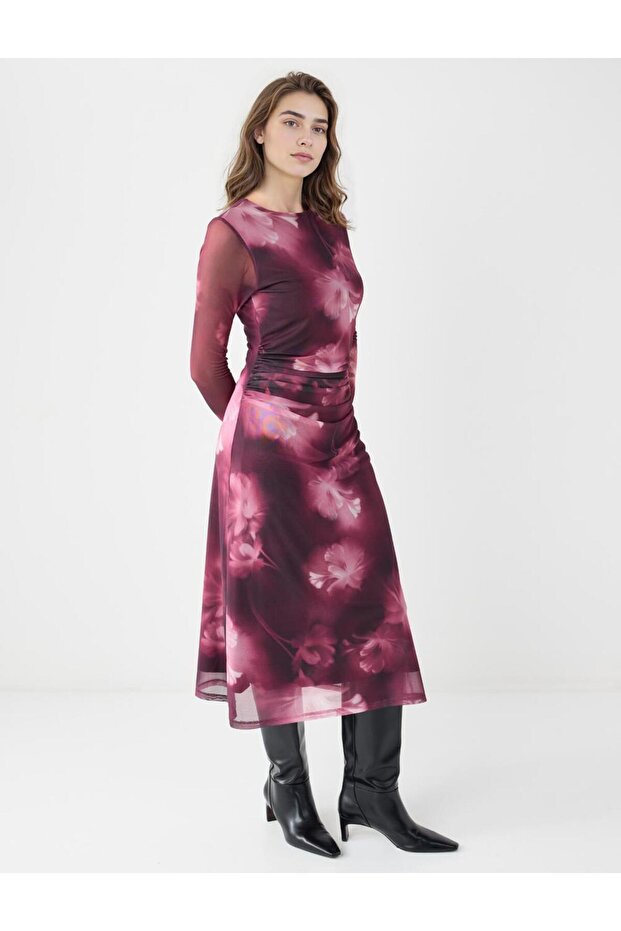 Gül Kurusu Yuvarlak Yaka Çiçek Desenli Mesh Örme Midi Elbise - 2