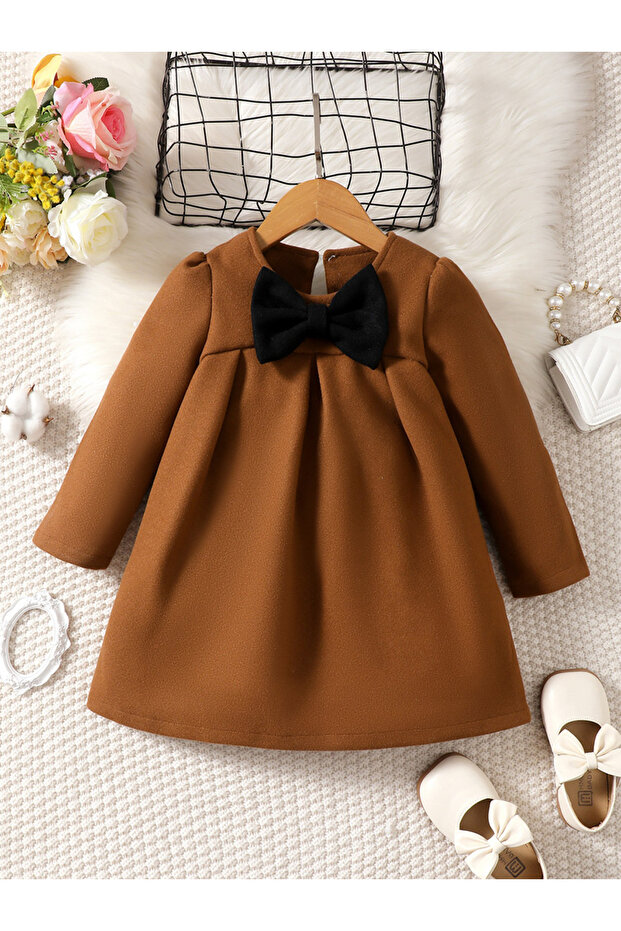 Girl's Solid Bow Detail Long Sleeve Dress