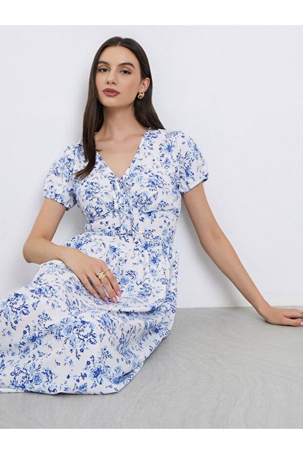Floral Print V Neck Maxi Dress