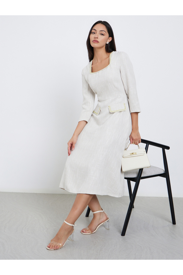 Off White Faux Pearl Detail Tweed Midi Dress