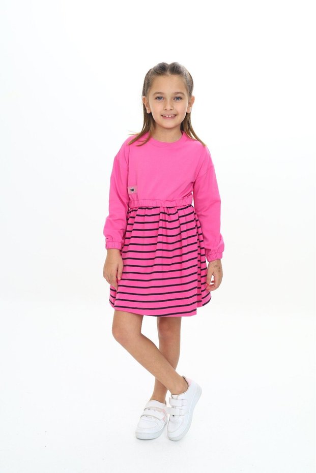 Girl's Printed Relax Fit Crew Neck Long Sleeve Striped Dress - Color Block