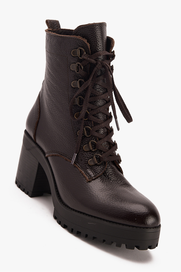 Kadın Kahve Yüksek Kalın Taban Hakiki Deri Bağcıklı Bot - 2