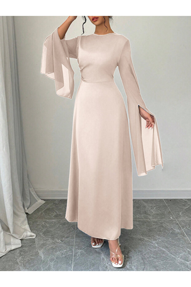 Solid Round Neck Split Sleeve Maxi Dress - 6