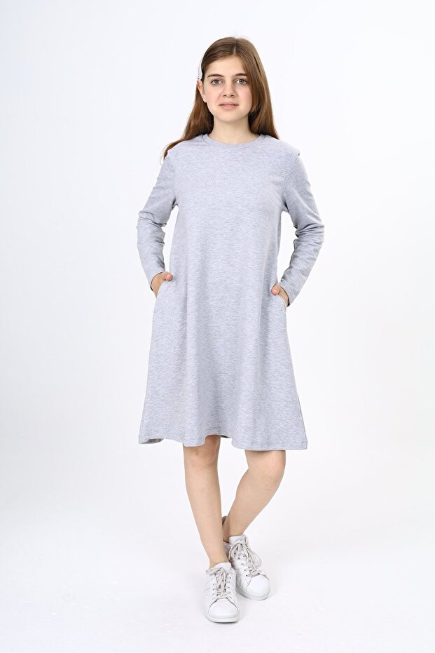 Girl's Printed Oversized Crew Neck Long Sleeve Dress with Pockets -