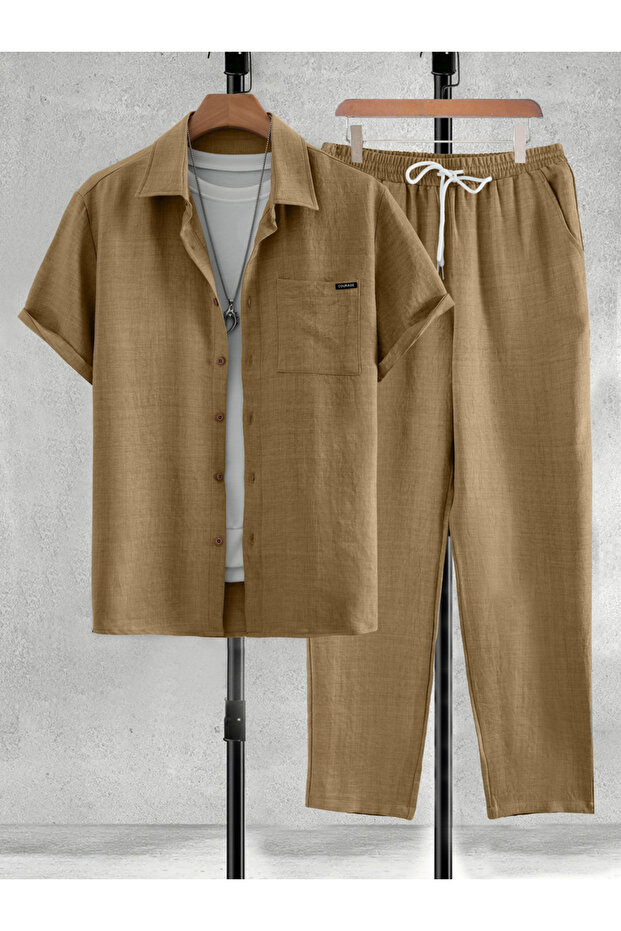Men Beige Solid Shirt and Pants Co-ords