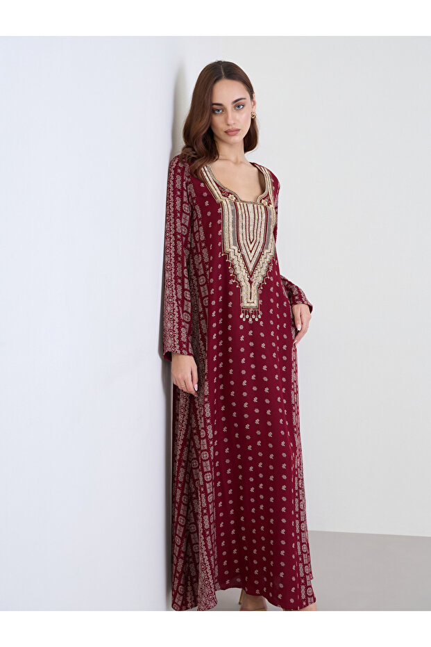 Maroon Printed Panel Embroidered Jalabiya