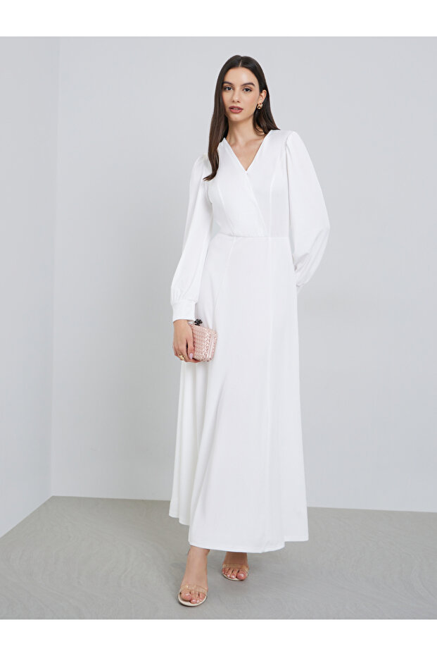 White Balloon Sleeve A-Line Maxi Dress