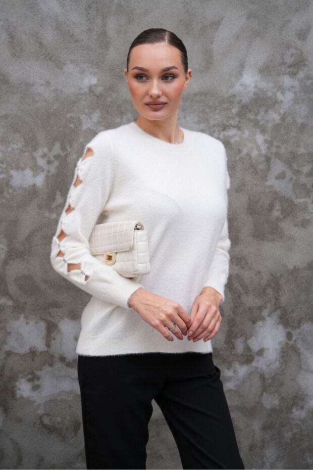 Women's Sleeve Detailed Crew Neck Long Sleeve Wool Sweater