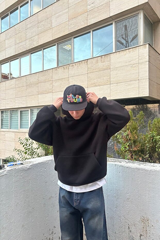 Oversize Basic Hoodie - Siyah - 3