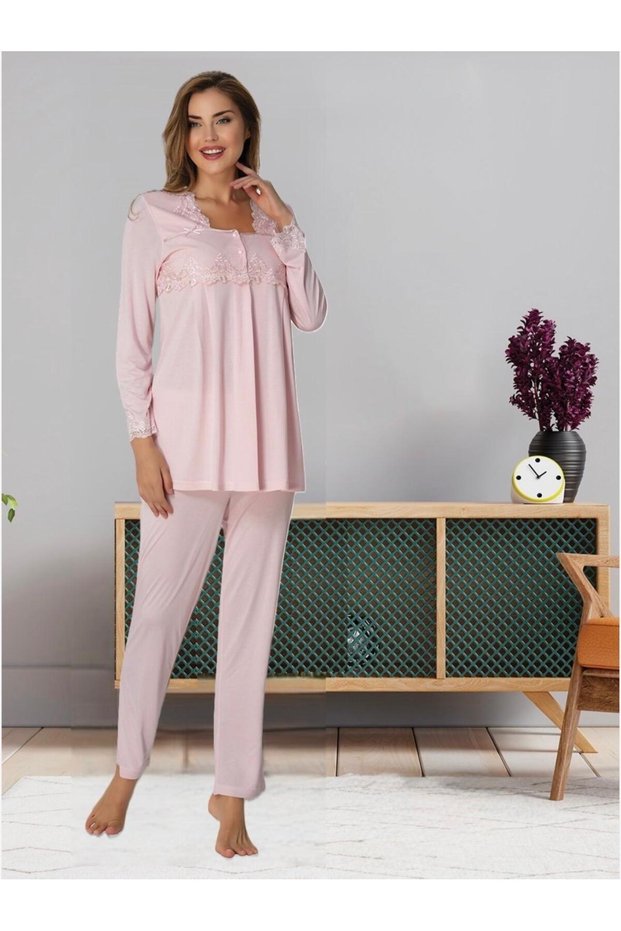 Women's Pink Lace Detailed Design Maternity Pajama Set (Effortt)