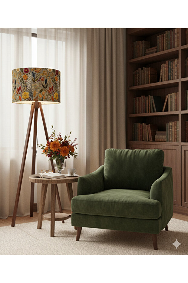 El Yapımı Sonbahar Çiçekleri Desenli Kumaş Tripod Ayaklı Lambader - 2