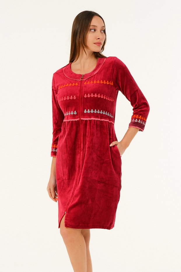 Cotton Velvet Dress with Zipper Pocket and Embroidery Detail