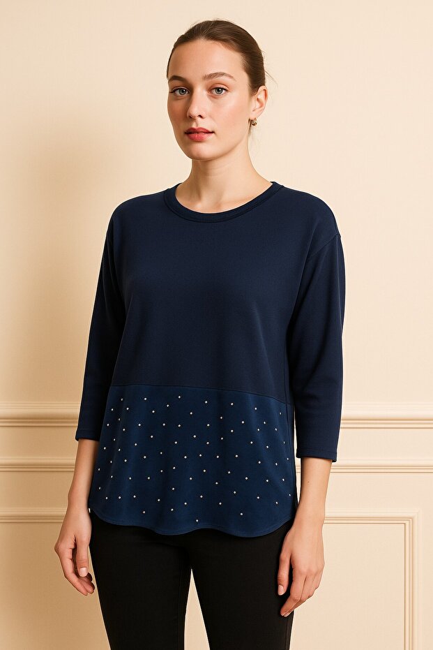 Suede Top with Stone Applications Knitwear Sweater-26K74018-Dark Blue-22