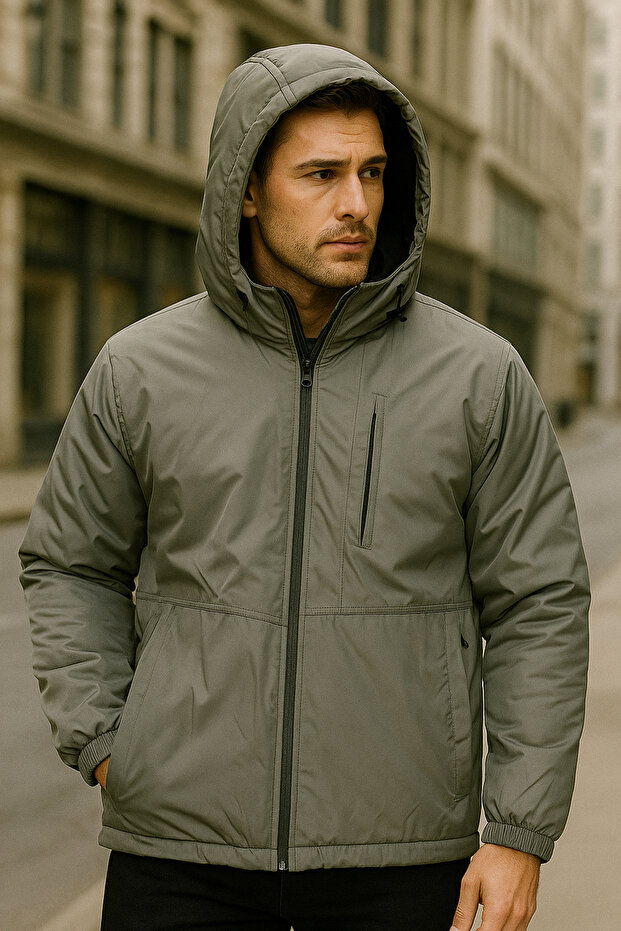 Men's Hooded Pocket Detailed Fleece Lined Winter Coat 2571 Khaki