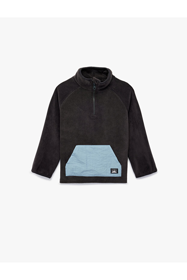 Mock Neck Half Zippered Kangaroo Pocket Fleece Sweatshirt