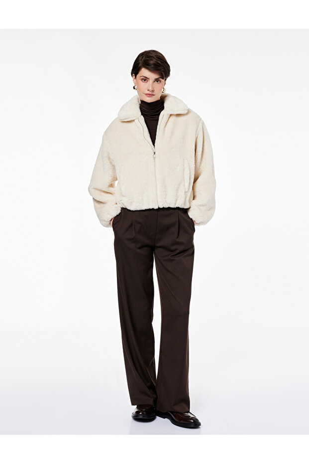 Long Sleeve Pocket Zipper Crop Plush Bomber Jacket