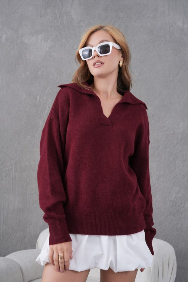 Basic Soft Textured Oversized Polo Neck Knitwear Sweater Aw25Kz0074