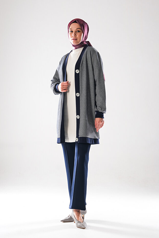 Women's Navy Blue Ecru Diagonal Pattern Large Button Detailed, Hijab Tunic Length Cardigan- Four Seasons _2294