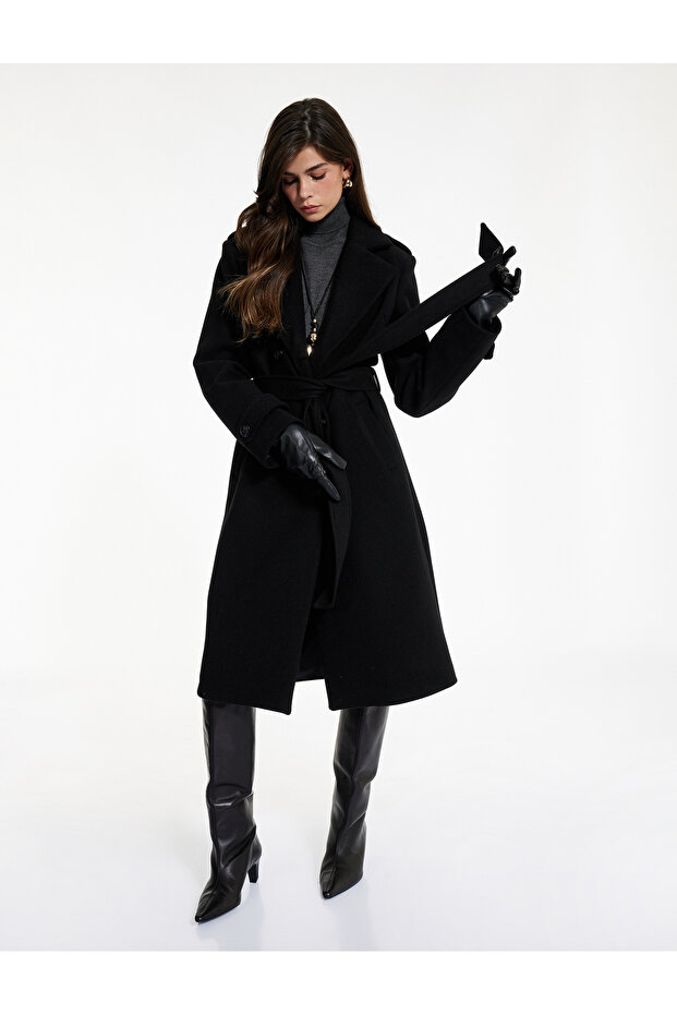 Long Sleeve Pocketed Buttoned Belted Long Double-Breasted Cashmere Coat