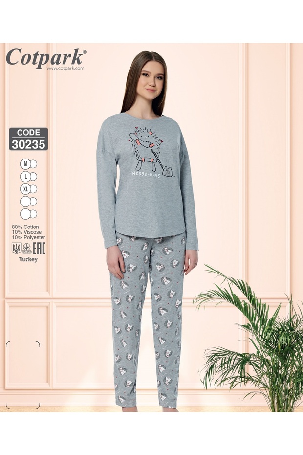 Women's Cotton Stretch Fabric Long Sleeve Pajama Set - Gray 30235