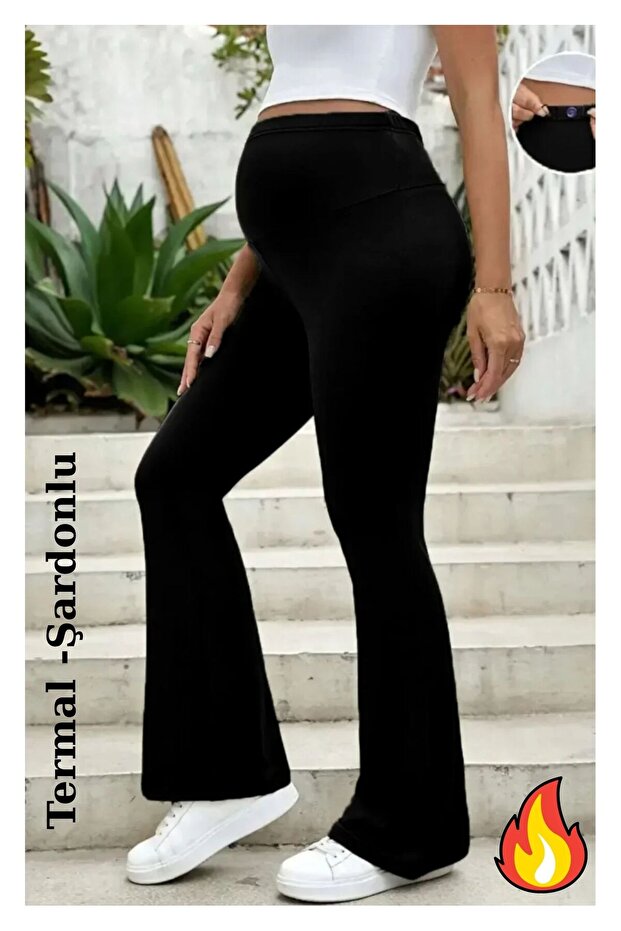 Women's Black Ruffled Diver Maternity Leggings Spanish Style High Waist Stretchy Gathering Tights