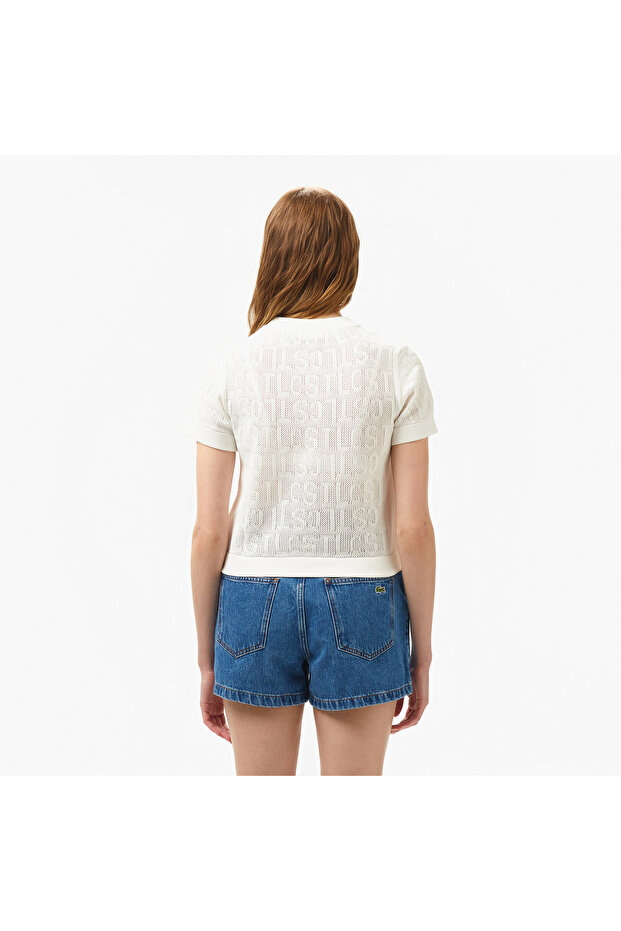 Kadın Kısa Kollu Bisiklet Yaka Desenli Beyaz Triko - 3