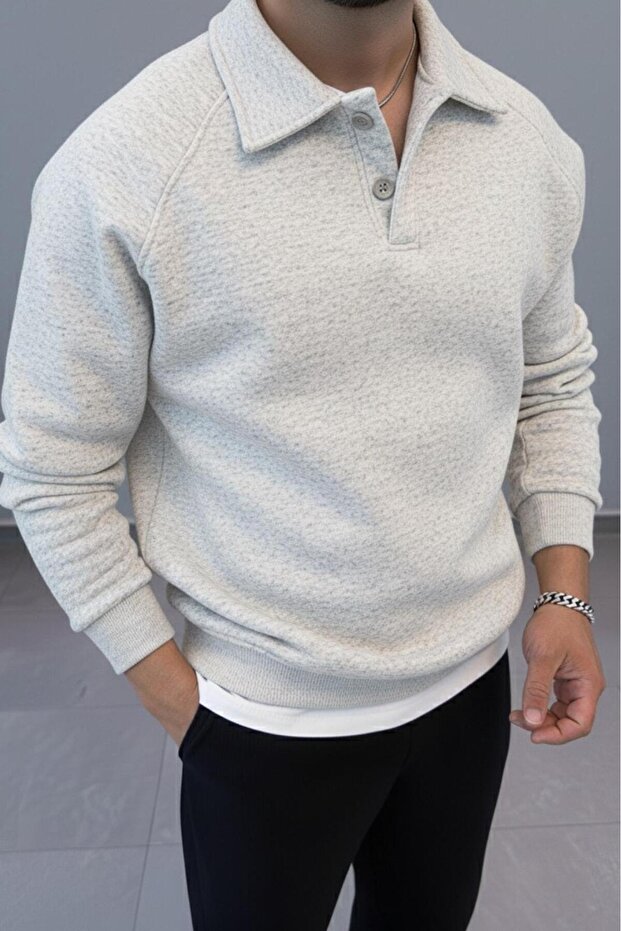 Men's Grimelange Roberto Reglan Sleeve Collar Buttoned Thick Sweatshirt