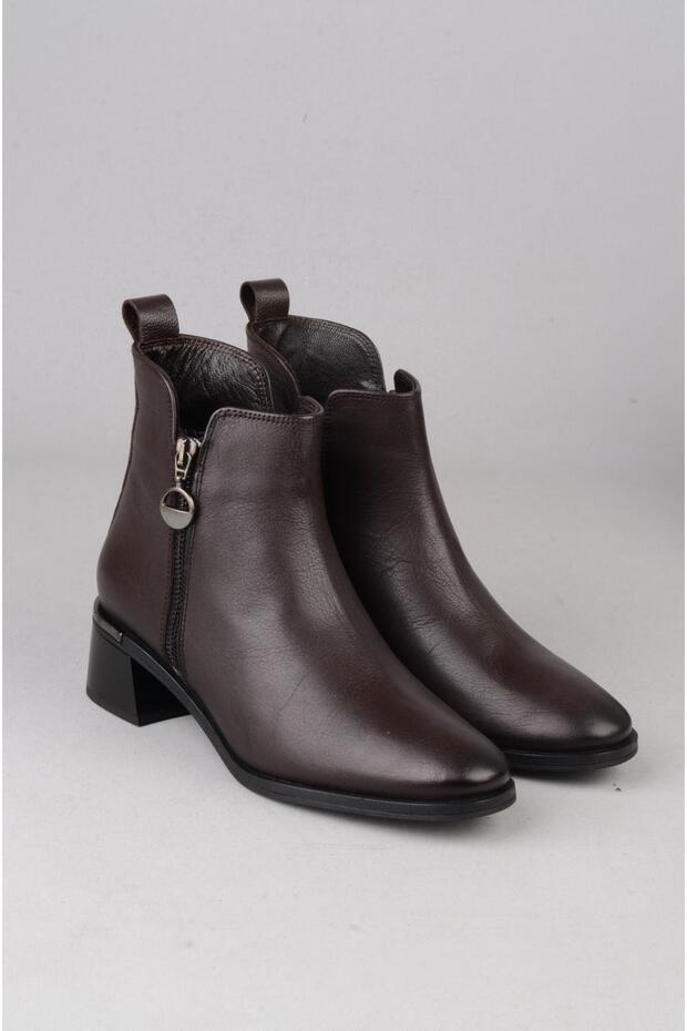 Seç 9780-1 Genuine Leather Women's Heel Boots (Heel Height: 4 cm) Brown