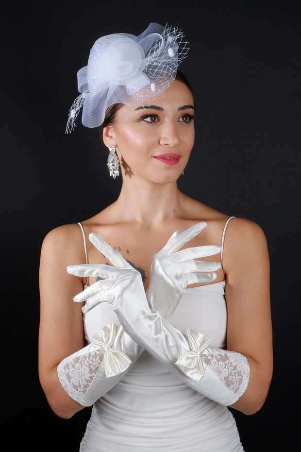 Tulle Bridal Wedding Headpiece Accessory and Long Lace Satin Bow Wedding Gloves Set