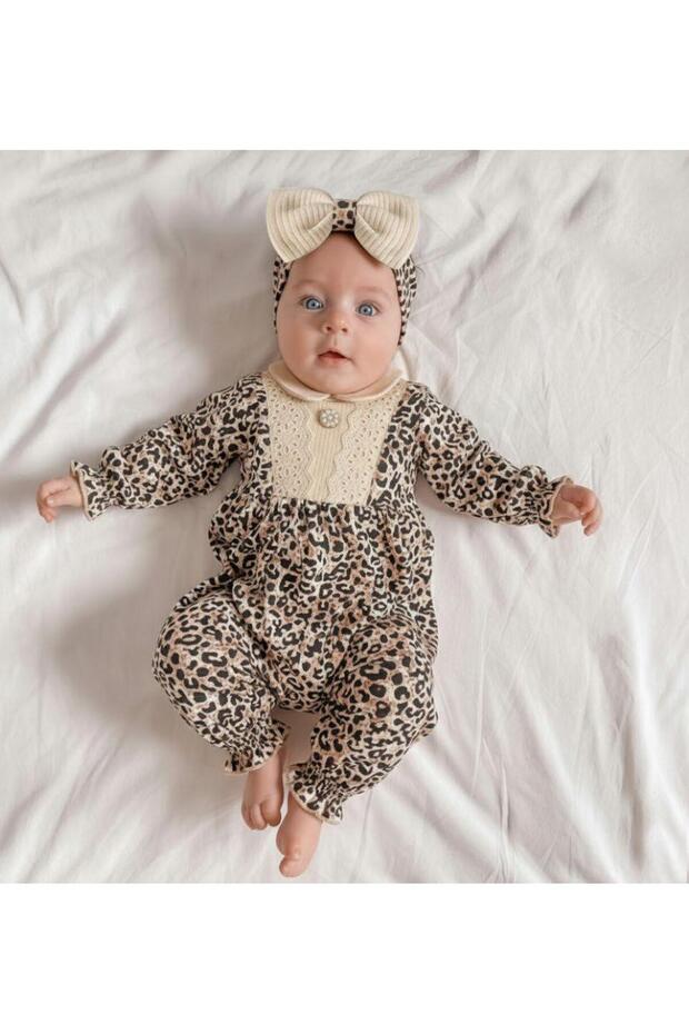 Leopard Patterned Baby Romper Including Bandana