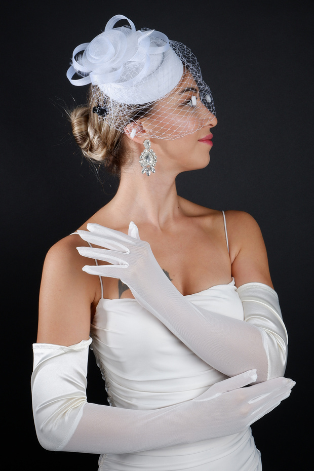 Polka Dot Tulle Detailed Bridal Wedding Cap Accessory and Long Wedding Gloves Set