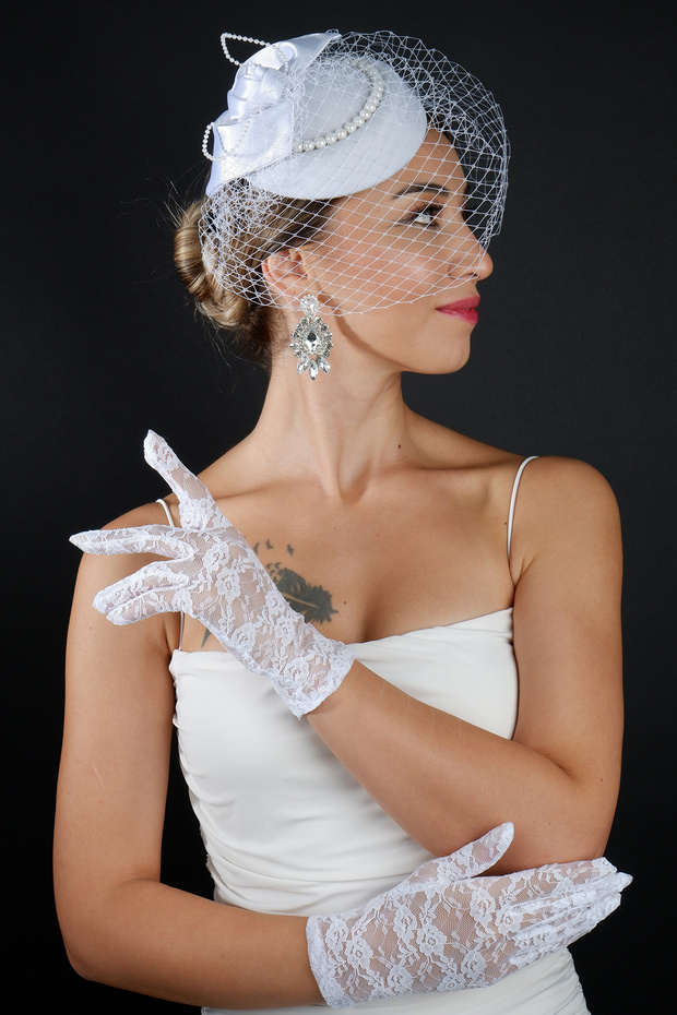 Pearl Hoop Bridal Headpiece and Lace Bridal Gloves Accessory Set
