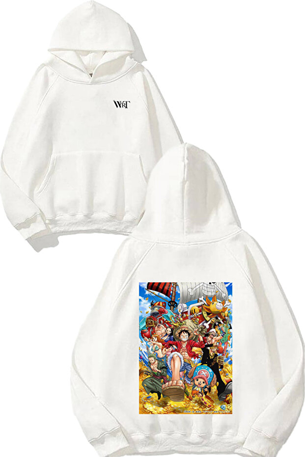 سويت شيرت One Piece All Pirates Design Back مطبوع أبيض بغطاء رأس