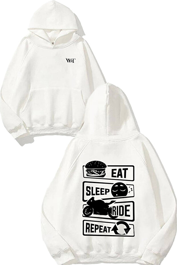 سويت شيرت بتصميم Eat Sleep Ride Repeat مطبوع أبيض بغطاء رأس