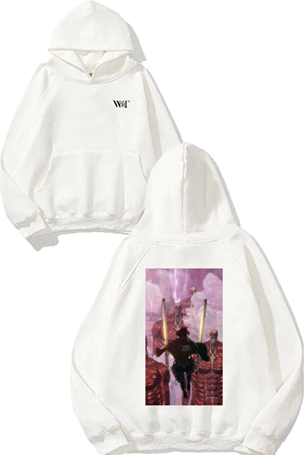 سويت شيرت Attack On Titan Hanjı 1 Design Back مطبوع أبيض بغطاء رأس