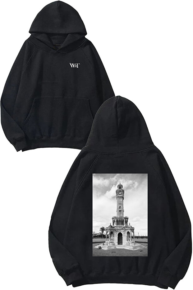 Izmir Clock Tower Design Back Printed Black Hooded Sweatshirt
