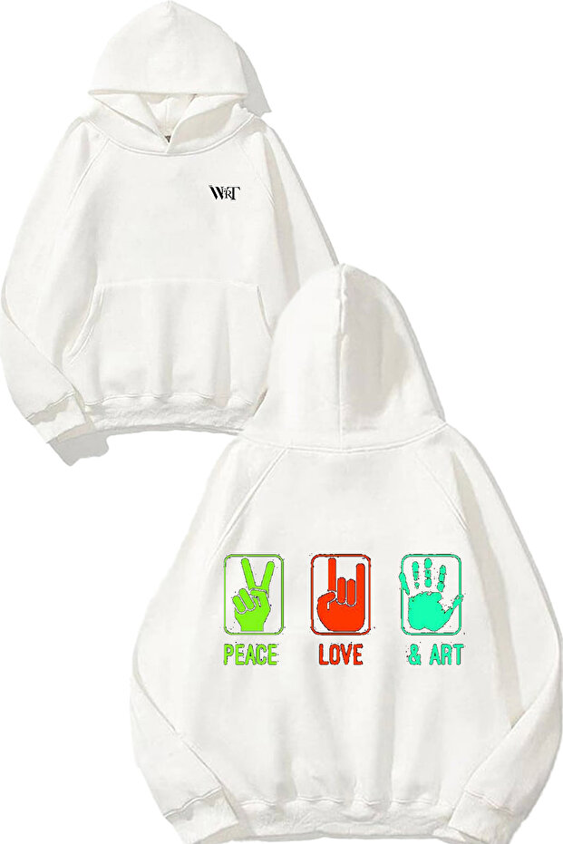 سويت شيرت بتصميم Peace Love Art مطبوع أبيض بغطاء رأس