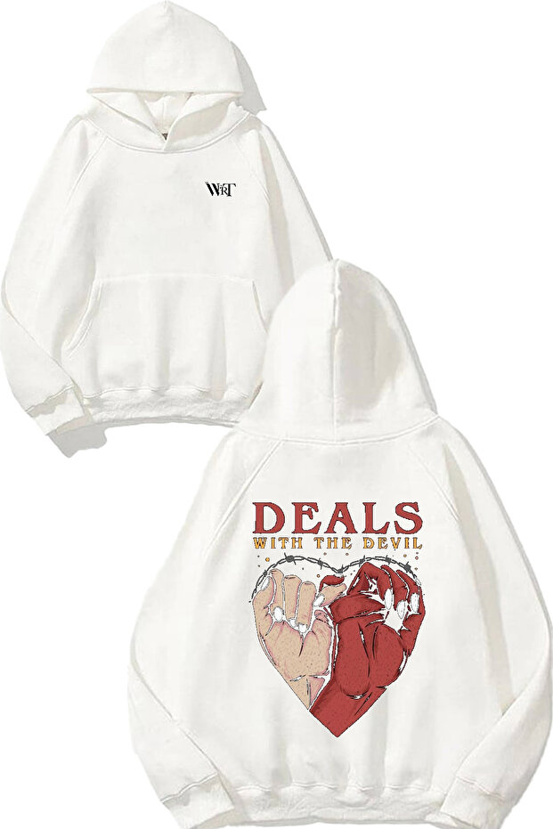 سويت شيرت بتصميم Deal With The Devil مطبوع أبيض بغطاء رأس