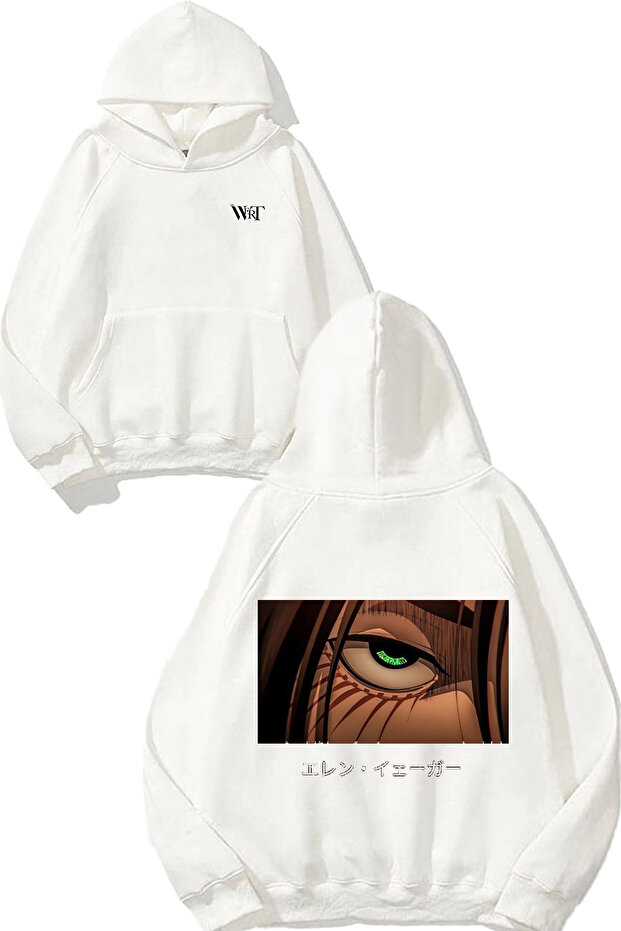 سويت شيرت Attack On Titan Eye Design Back مطبوع أبيض بغطاء رأس