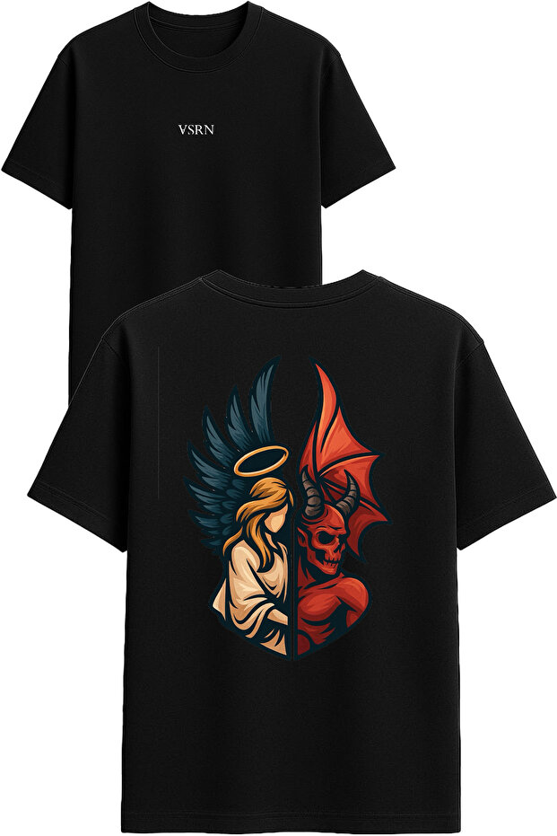 Angel and Demon Design Printed Black Oversized t Shirt