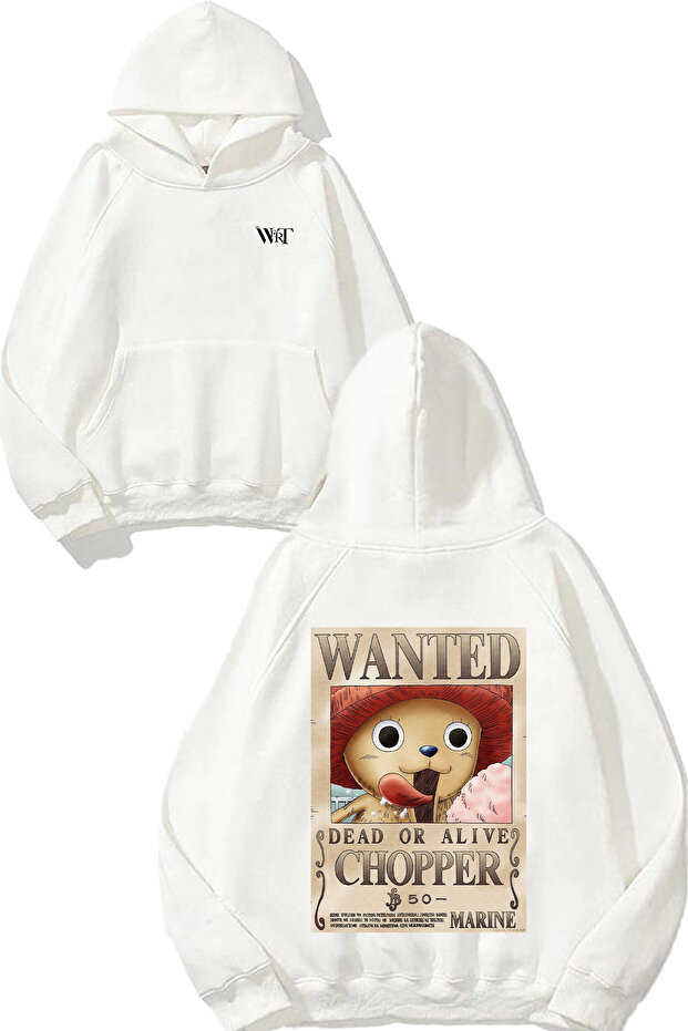 One Piece Chopper Wanted Design Backpack Printed White Hooded Sweatshirt