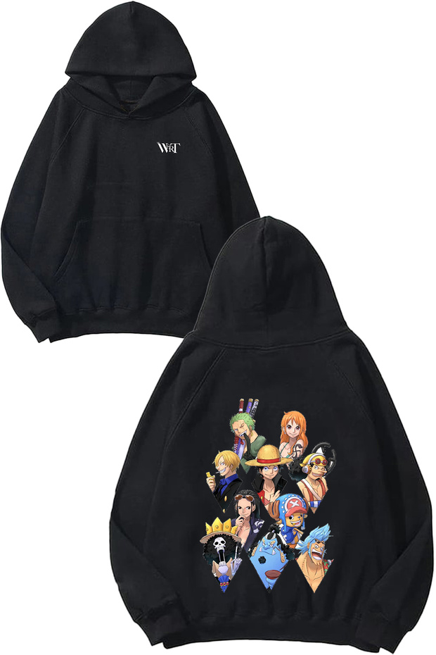 One Piece Characters Design Backpack Printed Black Hooded Sweatshirt