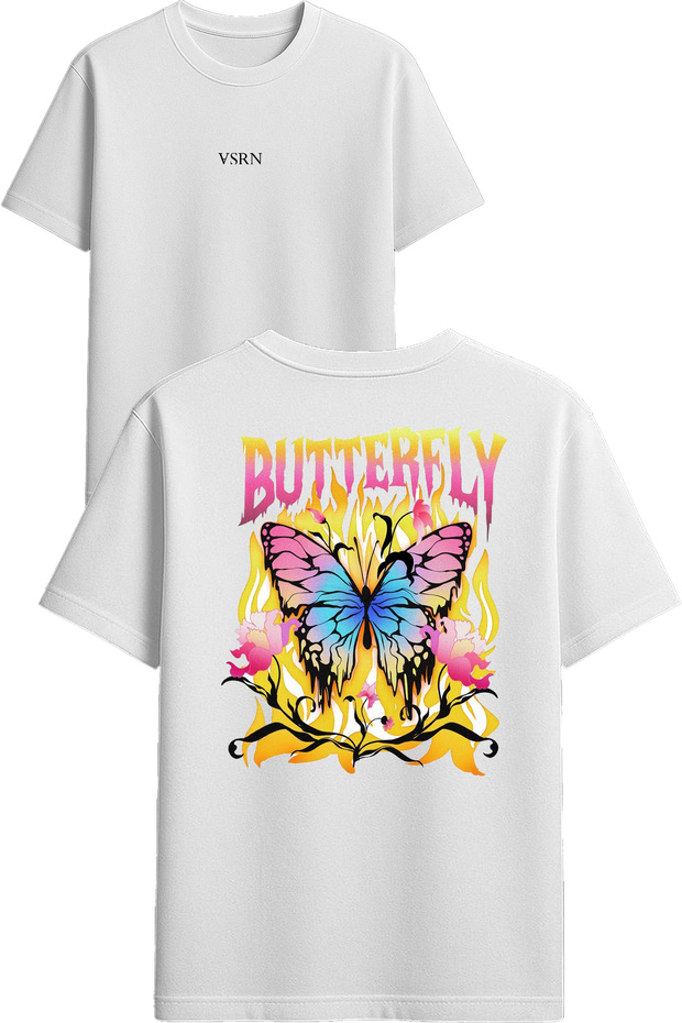 Butterfly Sensation Design Printed White Oversized T-Shirt