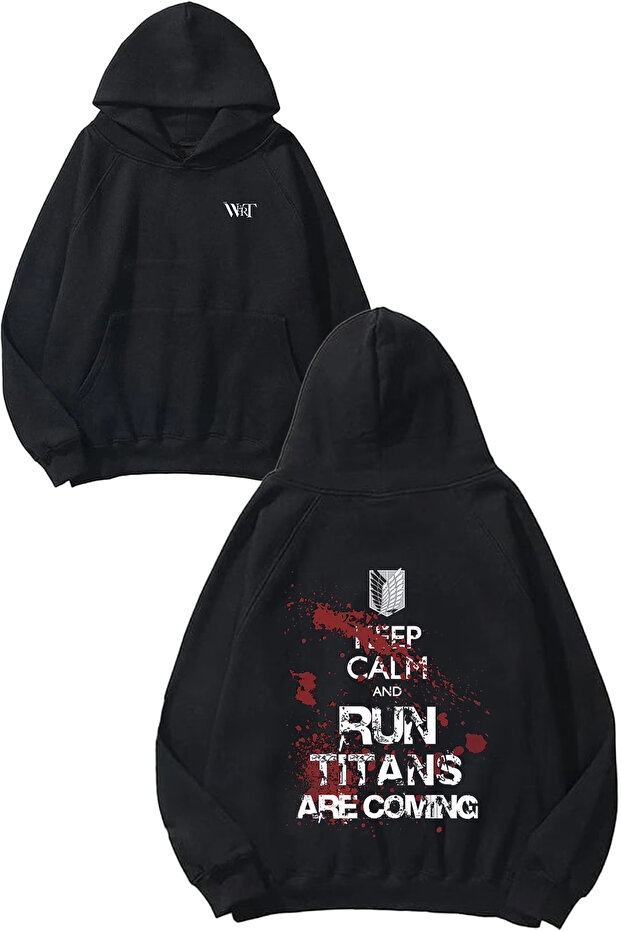 سويت شيرت Attack On Titan Run Titans Design Back مطبوع أسود بغطاء رأس
