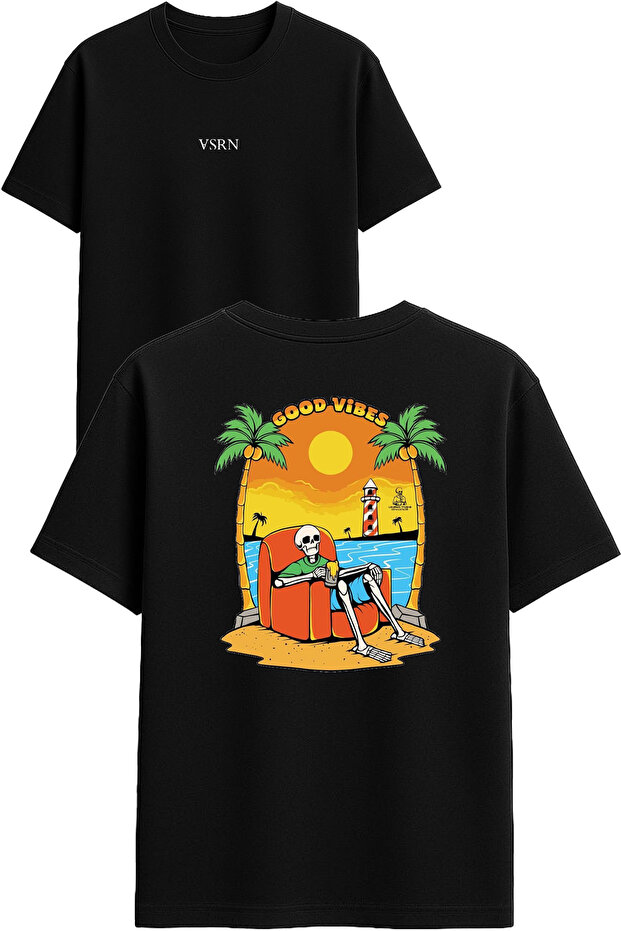 Good Vibes Scenery Design Printed Black Oversized t Shirt
