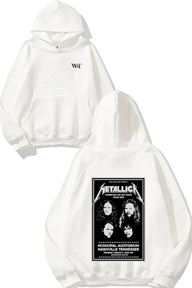 Metallıca Tour 1992 Design Back Printed White Hooded Sweatshirt