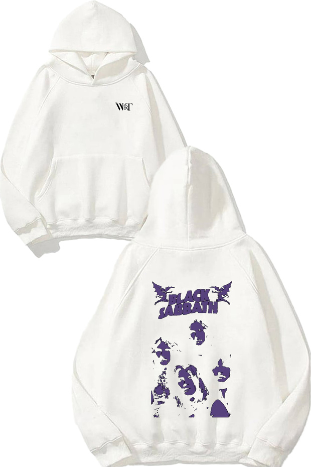 Black Sabbath Purple Design Back Printed White Hooded Sweatshirt