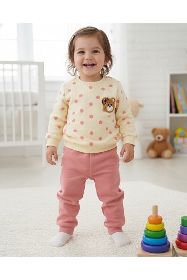 Baby Girl Slim Fit Polka Dot Winter 3-Thread Set Fleece-Lined Cute Teddy Bear Embroidered Top and Bottom Set