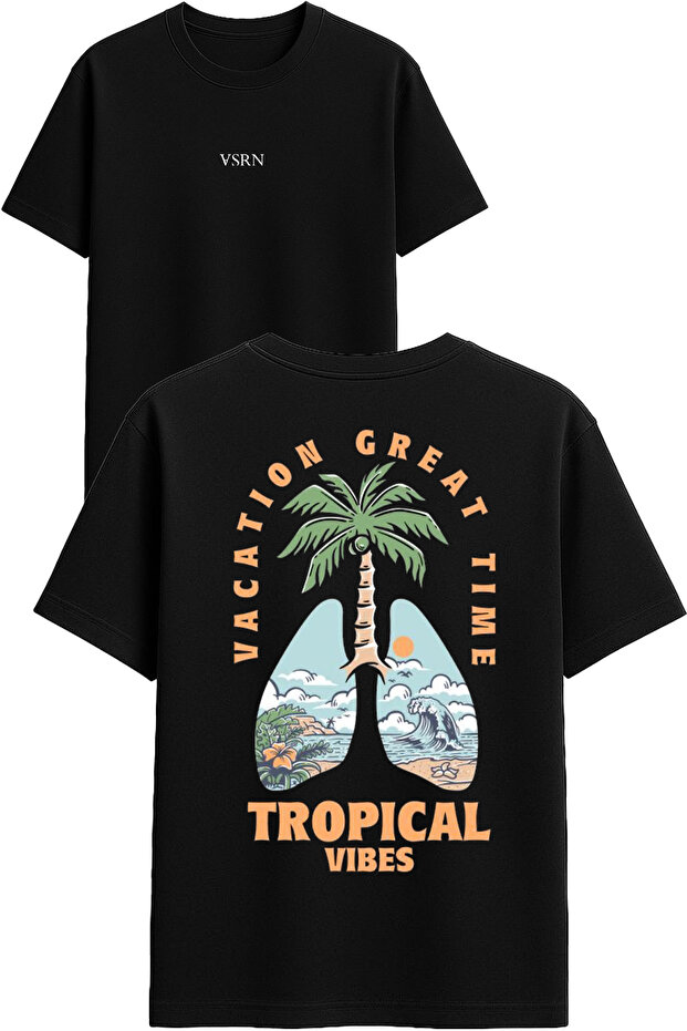 Tropical Vibes Design Printed Black Oversized t Shirt